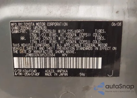 2008 Toyota Rav4 z USA, uszkodzony, nr VIN JTMBD33V385202884